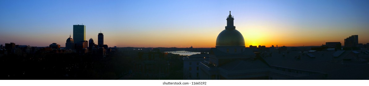 Expanded Beautiful Awe Inspiring Bird's Eye Panoramic View Of Boston On A Early Spring Evening As The Sun Sets