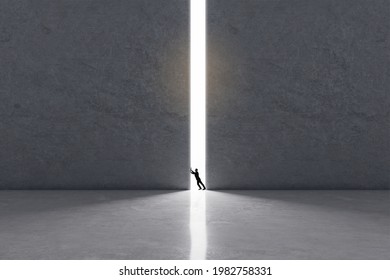 Expanding The Boundaries Of Consciousness Concept With Man Trying To Move Huge Concrete Wall To Let In The Light