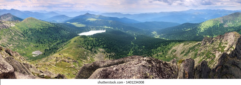 Expanse Of The Sayan Mountains, Natural Park Ergaki. Siberian Nature, Traveling In Russia. Wide Panoramic View.