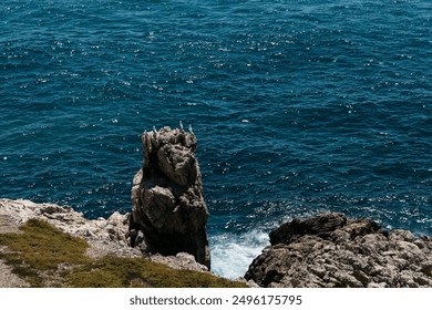 expanses of sea with blue waters hitting a rocky coastline on which there is a massive rock with several seagulls perched on top. The painting conveys a sense of the calm and grandeur of nature, empha - Powered by Shutterstock