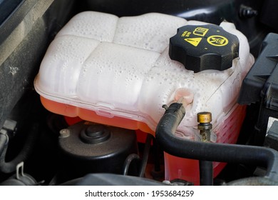 Expansion Tank With Pink Antifreeze. Car Coolant Level In Radiator System In Car, Automotive Part.