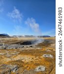 Expansive geothermal terrain in Iceland features vibrant earth tones and billowing steam from geothermal vents under a clear blue sky. A stunning representation of natures power and beauty.