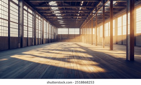 An expansive industrial warehouse with metal beams and large windows, casting light patterns on the wooden floor - Powered by Shutterstock