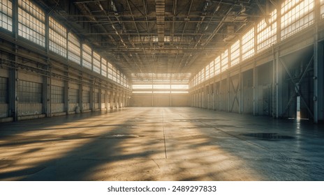 Expansive Industrial Warehouse with Warm Sunlight Filtering Through Windows - Powered by Shutterstock