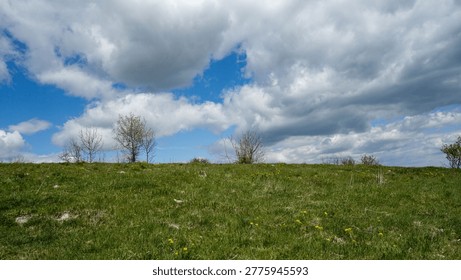 Expansive meadow under dramatic cloudy sky.