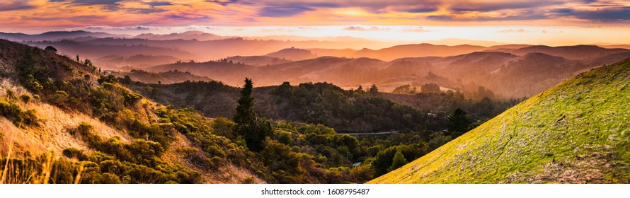 Expansive Panorama In Santa Cruz Mountains, With Hills And Valleys Illuminated By The Sunset Light; San Francisco Bay Area, California