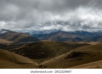 Expansive panoramic view across rolling golden-brown highland meadows and forested hills toward snow-dusted peaks of the Greater Caucasus mountain range, with a faint dirt track winding through the foreground valley. Heavy storm clouds press low over the ridgeline, creating a dramatic layered effect between the autumn grasslands, dark mixed forest, and freshly snow-covered summits. Available for editorial and commercial licensing.