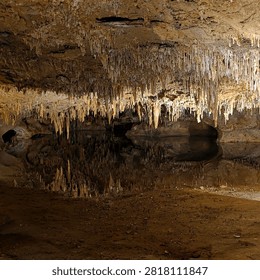 An expansive underground pool reflects thousands of slender stalactites hanging from the limestone ceiling inside Luray Caverns. The near-perfect mirror reflection creates a striking symmetrical composition showcasing the cave's remarkable geology.