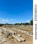 Expansive View of Ancient Roman Ruins in Paestum, Italy: A Historic Landscape Under a Clear Blue Sky