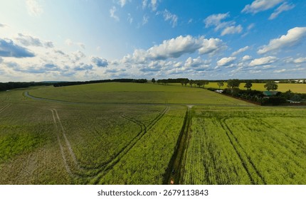An expansive view captures fields and forests under a clear blue sky with fluffy clouds. The sunlight creates a warm glow over the fertile land in the rural countryside.