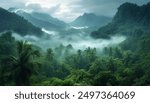 An expansive view of the lush green rainforest in dense foggy mountains, adorned with palm trees and towering tree canopies, creates an enchanting atmosphere of mystery and tranquility. High resolutio