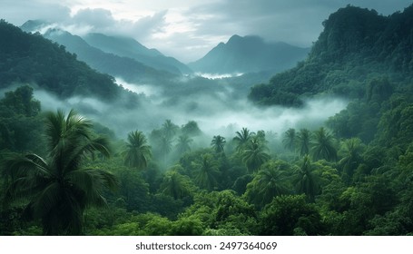 An expansive view of the lush green rainforest in dense foggy mountains, adorned with palm trees and towering tree canopies, creates an enchanting atmosphere of mystery and tranquility. High resolutio - Powered by Shutterstock