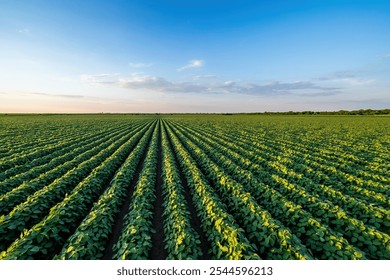 Expansive view of a soybean field under the vibrant sky of dusk