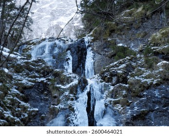 Expansive Winter Landscape Featuring Dramatic Frozen Waterfall Cascading Down Mountain Cliff Through Snow-Covered Forest