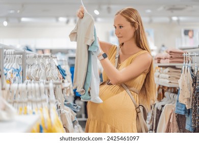 Expectant mother joyfully selects adorable clothes for her unborn baby while enjoying a shopping spree in the vibrant aisles of the shopping center - Powered by Shutterstock