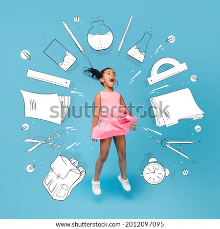 Expectation and reality. Conceptual image with jumping girl and drawned school supplies on light background. Childhood, dreams, imagination, education concept. Looks shocked, surprised