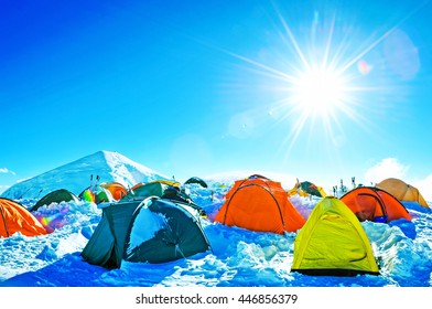 Expedition Camping In Tent On Mount Everest. Extreme Sport