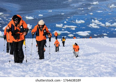 Expedition Ship Passengers Trek Up A Steep Snowy Slope Using Trekking Poles, Above An Iceberg Filled Bay, Bright Sunshine, Neko Harbor, Andvord Bay, Antarctic Continent, Antarctica  12.07.17