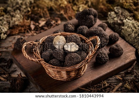 Expensive black truffles gourmet mushrooms in wicker basket Foto d'archivio © 