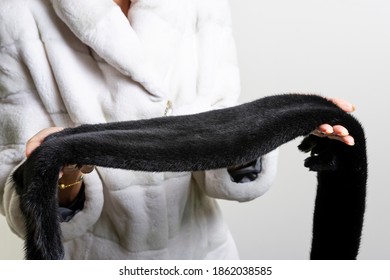 Expensive Brown Mink Fur Skin In A Woman Hands.