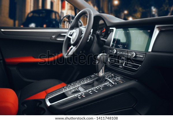 Expensive Car Interior Steering Wheel Multimedia Stock Photo