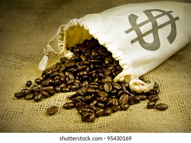 Expensive Coffee Beans In Money Bag With Dollar Symbol