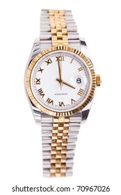 Expensive Gold Beveled Watch With White Face And Gold Hands And Numerals Against White Background