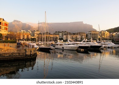 Expensive luxury boats in the marina at the VA Waterfront, with Table Mountain in the Background, in the late afternoon, Cape Town South Africa - Shutterstock ID 2102443891