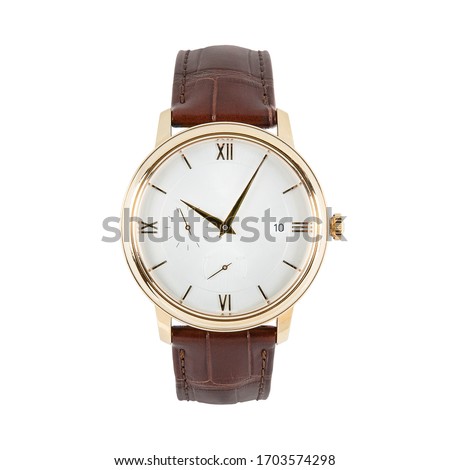 Expensive luxury classic gold watch. Gold case, dial with Roman numerals, brown crocodile strap. Front view isolated on a white background.