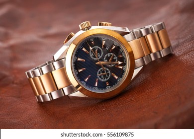 Expensive Man Wrist Watch Leather Background 