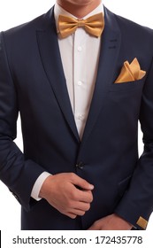 Expensive Suit, Golden Bow Tie And Elegant Handkerchief.