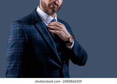 Expensive time wrist watch. Man in suit and watch. Elegant watch accessory. Time. Elegant businessman isolated on grey. Male accessory. Business man in tie show luxury watch. Banner - Powered by Shutterstock