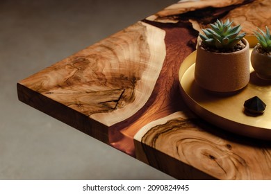 Expensive vintage furniture  The table is covered and epoxy resin   varnished  A gold epoxy river in round tree slab  Small cacti in concrete pots copper spacing  