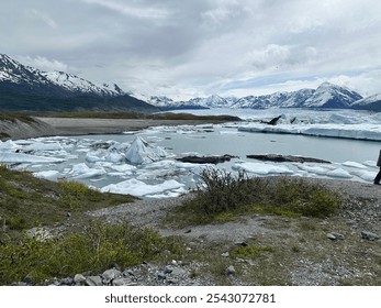 Experience the breathtaking beauty of nature with our exclusive image capturing a solitary figure walking along a serene path beside a majestic glacier.  - Powered by Shutterstock