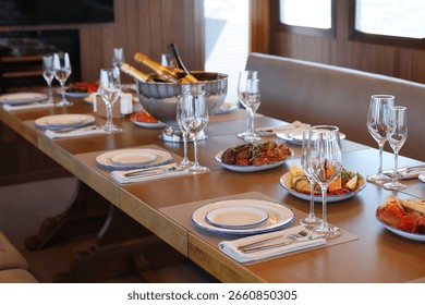 Experience an Elegant Dining Setup on a Luxurious Yacht, Featuring Exquisite Gourmet Cuisine
