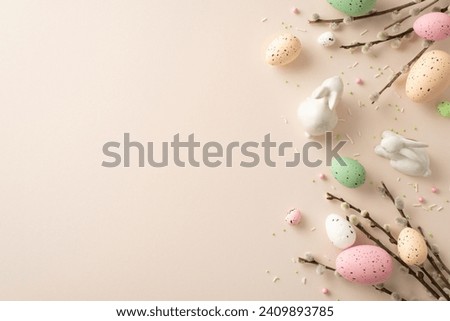 Experience magic of Easter with this charming setup. Top view of Easter decor, delightful ceramic bunnies, sprinkles on pastel beige background. Customize with your own text or promotional content