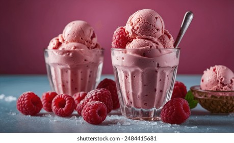 Experience the perfect balance of creamy and tangy with a scoop of raspberry ice cream, served in a glass cup on a vibrant pink background. The juicy raspberries on top add a burst of flavor to this v - Powered by Shutterstock