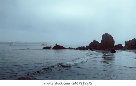 Experience the serene beauty of a misty morning as a lone fisherman sits amidst rocky shores, casting his line. Nature's mystique envelopes the scene, creating an ethereal atmosphere - Powered by Shutterstock