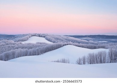 Experience the serene beauty of rolling hills blanketed in fresh snow, with soft pink hues filling the morning sky, creating a tranquil winter landscape. - Powered by Shutterstock