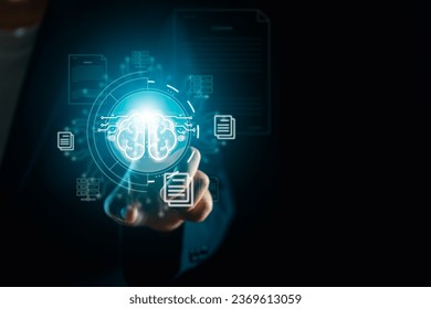 Experience the transformation of business processes through technology. In this image, a businessman's hands make use of AI technology on a virtual screen, marking a significant leap towards