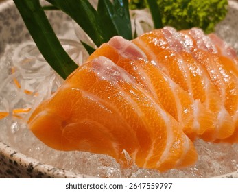 Experience a vibrant close-up of fresh salmon sashimi beautifully presented on a bed of ice, adorned with green garnishes. Perfect for showcasing culinary artistry and gourmet dishes.