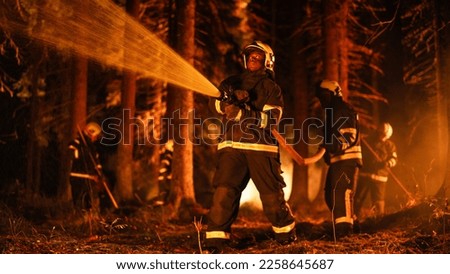 Experienced African American Firefighter Extinguishing a Wildland Fire Deep in a Forest. Professional in Safety Uniform and Helmet Using a Fire Hose to Battle Dangerous Wildfire Outbreak.
