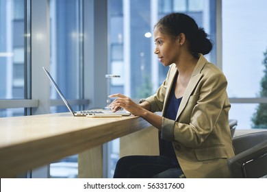 Experienced Afro American Journalist Typing Press Release For Online Issue Using Laptop Computer And Wireless Connection To Internet In Office Copy Space Area For Your Advertising Contentent Or Text