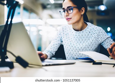 Experienced Businesswoman Reading Publication Via Laptop Computer Making Research For Planning Startup At Desktop,female Secretary Checking Mail On Netbook Organizing Working Process In Office