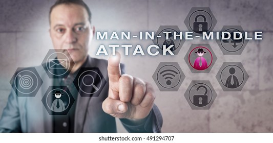 Experienced Cryptographic Analyst Is Identifying A MAN-IN-THE-MIDDLE ATTACK. Information Technology Concept For Computer Network Security And Active Eavesdropping Via Unencrypted Wi-Fi Access.