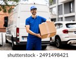 Experienced Delivery Man Jovially Moving Cardboard Boxes by Delivery Van-Illustrates Warehouse Inventory Management, Logistics, and Shipping Profession.