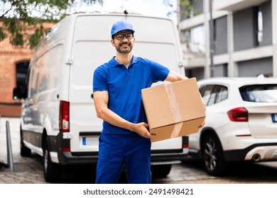 Experienced Delivery Man Jovially Moving Cardboard Boxes by Delivery Van-Illustrates Warehouse Inventory Management, Logistics, and Shipping Profession. - Powered by Shutterstock