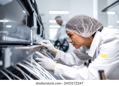 Experienced factory worker working on production machine and connecting wires in electronics industry. - Powered by Shutterstock