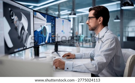 Experienced Man Using CAD Software To Design Jet Engine Parts Precisely.