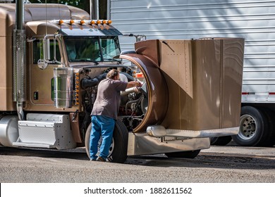 Experienced truck driver checking engine for properly work during a rout on brown classic industrial grade professional big rig diesel semi truck standing on rest area with open hood